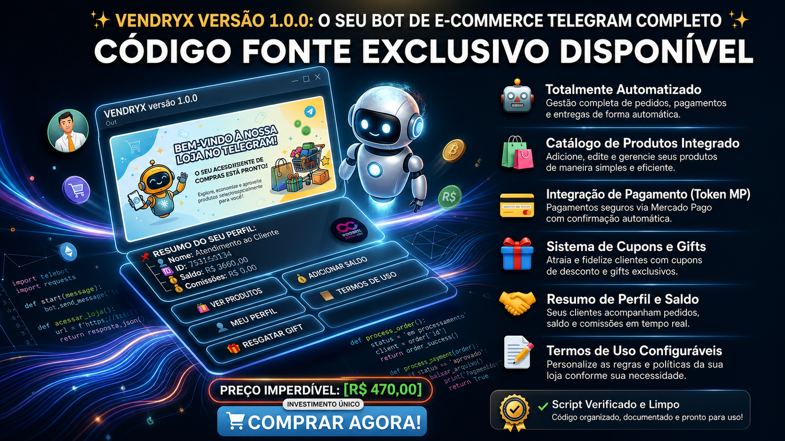 Script Bot de Vendas Automáticas Telegram - Sistema VENDRYX Oficial com Pix e Afiliados