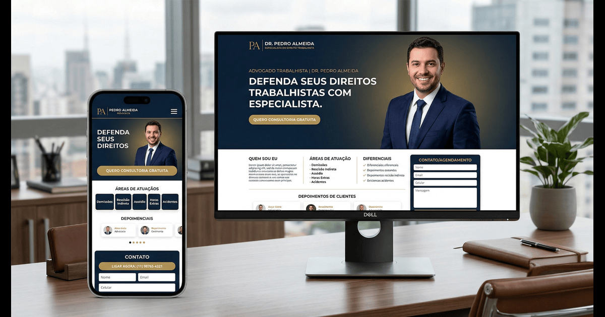Landing page profissional para advogado trabalhista exibida em tela de computador e celular com design moderno