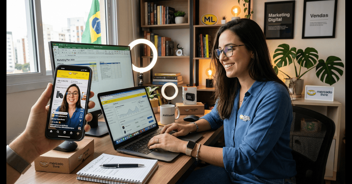 Pessoa divulgando produtos do Mercado Livre como afiliado usando celular e computador com estratégias de marketing