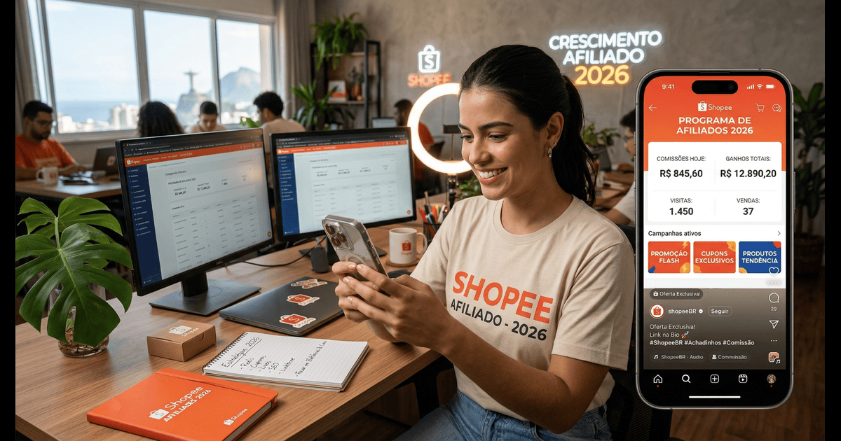 Afiliado Shopee vendendo produtos pelo celular com estratégias de divulgação e comissões em 2026